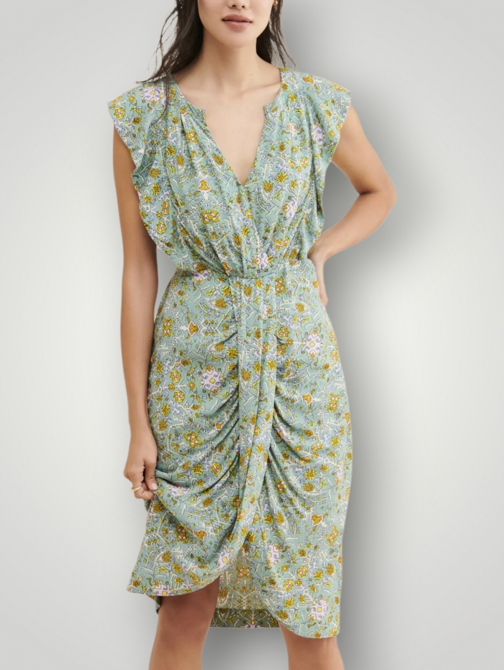 Maeve Anthropologie Green Floral Midi Dress 6 V-Neck Ruffle Cap Sleeve Boho